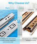 Comparison of stainless steel drawer slides with ball bearing full extension and iron alternative, both 20 inch.