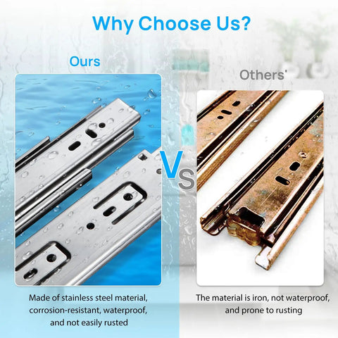 Comparison of stainless steel drawer slides with ball bearing full extension and iron alternative, both 20 inch.