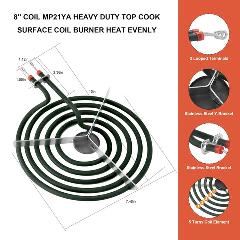 Electric Range Burner Element Replacement Set For 8-Inch MP21YA with Stainless Steel Coils and Looped Terminals, Side View