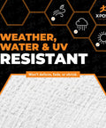 Heavy Duty White Poly Tarp 6X10 Foot Multipurpose Protective Cover Waterproof Weatherproof Beefy Thick 12 Mil Polyethylene Ideal For Equipment, Machinery, Construction, Painting And Outdoor Shelters showing weather, water, UV resistance with text features.
