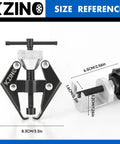 KZINO windshield wiper arm puller tool; front view with T-handle, two black arms, metal clamp, and size reference markings