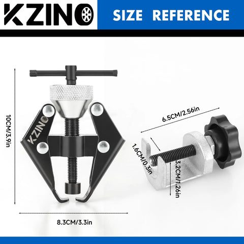 KZINO windshield wiper arm puller tool; front view with T-handle, two black arms, metal clamp, and size reference markings