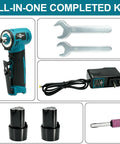 Tough As Nails 12V Cordless Right Angle Die Grinder Kit with two batteries, charger, wrenches, and sanding bit.
