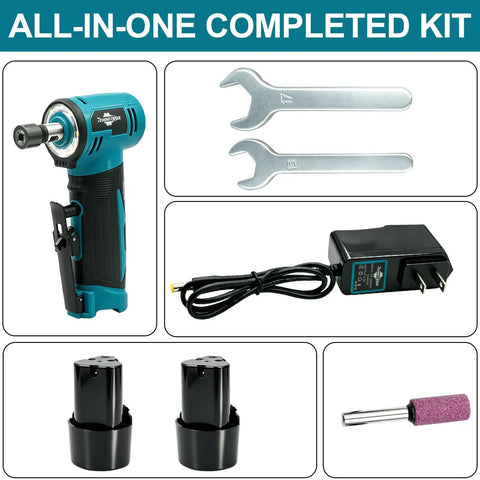Tough As Nails 12V Cordless Right Angle Die Grinder Kit with two batteries, charger, wrenches, and sanding bit.