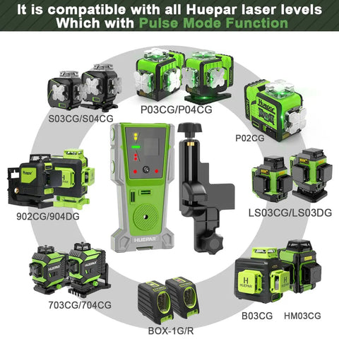 Laser Level Receiver With Pulse Mode For All Pro And Everyday Laser Levels, A Real Workhorse, Accurate Plus Or Minus One Seventeenth Inch, Up To 200 Ft Range, Green And Red Beams, Two Sided LED Prompt, Magnetic Mount, And Clamp Included. Compatible with Huepar laser levels