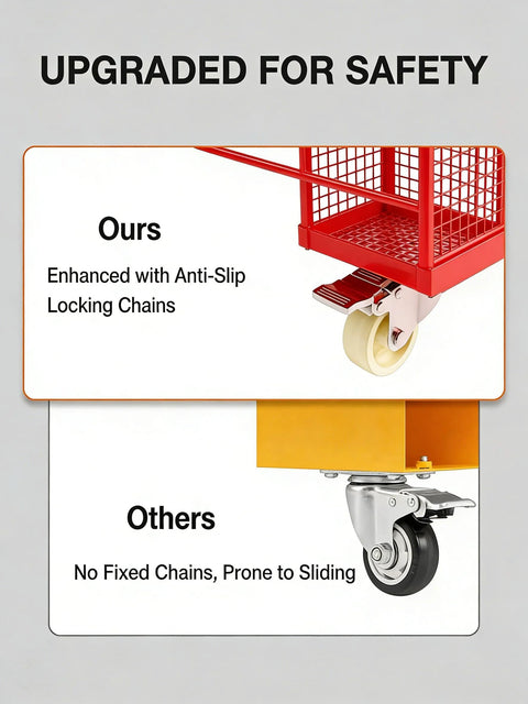 Front-right view of a red 36x36 inch forklift safety cage with rails and grated floor