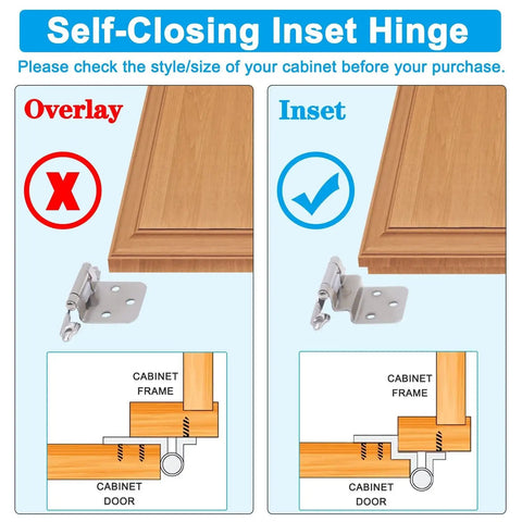 Diagram comparing overlay and inset hinge installation for Three Eighths Inch Inset Hinges For Face Frame Kitchen Cabinets Satin Nickel.