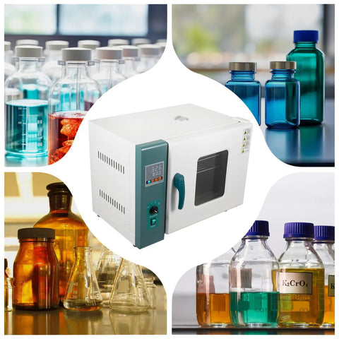 Heavy Duty Digital Convection Drying Oven 110V 1000W With Precision Temp Control near laboratory glassware and bottles.