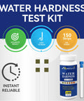 Hard Water Test Strips Kit With Dual Color Pads For Quick Accurate Home Water Testing displayed with 150 strips bottle and tube