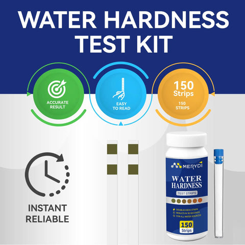 Hard Water Test Strips Kit With Dual Color Pads For Quick Accurate Home Water Testing displayed with 150 strips bottle and tube