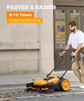 Kick Serious Dust With This Heavy Duty Manual Floor Sweeper Designed For Warehouses And Shops Featuring A 41 Inch Wide Commercial Push Broom that cleans leaves outdoors.