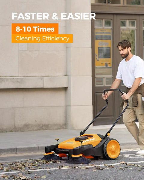 Kick Serious Dust With This Heavy Duty Manual Floor Sweeper Designed For Warehouses And Shops Featuring A 41 Inch Wide Commercial Push Broom that cleans leaves outdoors.
