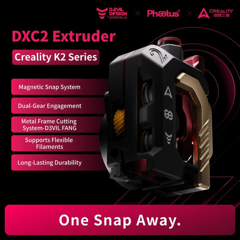 DXC2 Magnetic Extruder Upgrade For Creality K2 Series 3D Printers showcasing magnetic snap system and dual-gear, compact design.