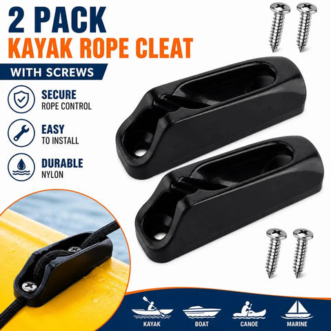 Two Pack Kayak Rope Cleats for Deck Rigging with screws, black nylon guides for rope management on kayak, canoe, and boat.