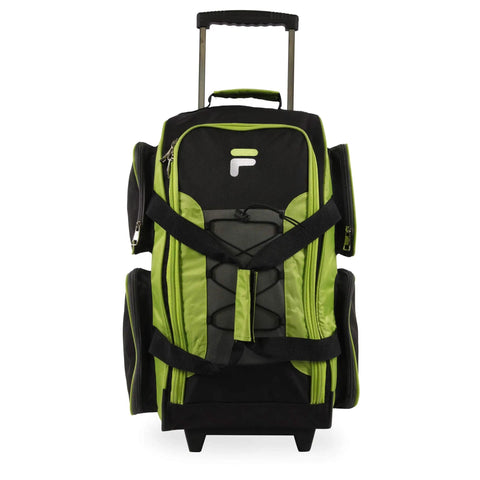 Neon Lime 22 Inch Lightweight Carry On Rolling Duffel Bag With In Line Skate Wheels For On The Go Travel, front view with handle extended.