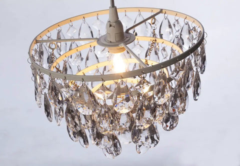 Plug In Crystal White Dome Chandelier With Five Tiers Of Clear Acrylic Crystals, White Metal Frame, 10 By 11.5 Inch Size