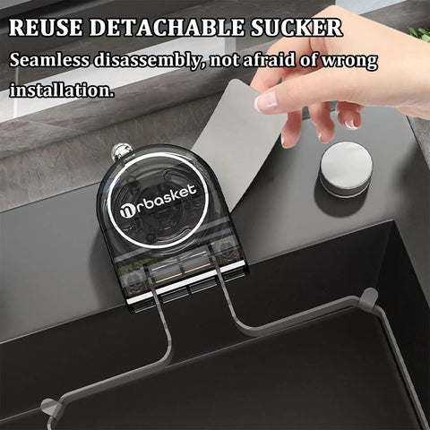 No Fuss Kitchen Sink Strainer With Heavy Duty Filter Mesh Bag, demonstrating detachable sucker for easy installation.