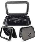 Heavy Duty Black Marine Boat Deck Access Hatch Cover With UV Stabilized ABS Lid, shown open and closed for versatile use.