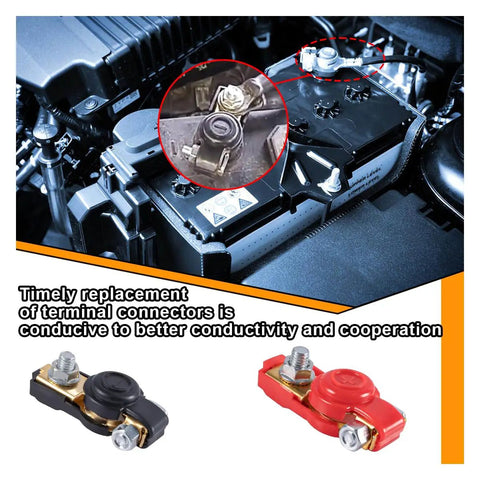 Heavy Duty Battery Terminal Connectors Featuring Slick Plastic Caps For Street Ready Corrosion Defense And Killer Conductivity On Cars Trucks Rvs And Boats in engine bay.