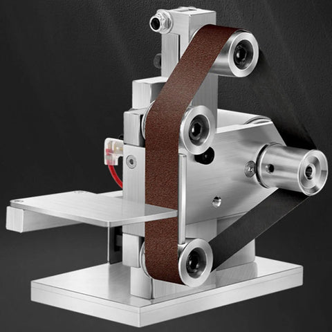 Pugermering Mini Belt Sander Electric Power Tool With Bench Grinder And Polisher Functions Adjustable Angle Worktable Compact Aluminum Alloy Design 30X300mm Ribbed Wheel Automatic Correction For DIY Projects featuring ribbed sanding belt and polished aluminum construction.