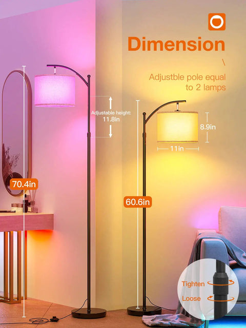 RGB Floor Lamp For Living Room With App Control, Adjustable Height From 60 To 73 Inches, Beige Linen Shade, Colorful Lighting