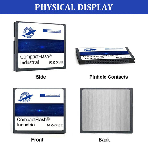 Rock Solid Compact Flash Memory Cards 2GB 2 Pack Clutch Storage Setup For Old School Cameras And Industrial Equipment FAT16 Format viewed from side, front, back, and pinhole contacts.