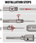Berserker 2in x 9in SDS Max concrete core drill bit with adapter; installation steps diagram for assembling the tool.