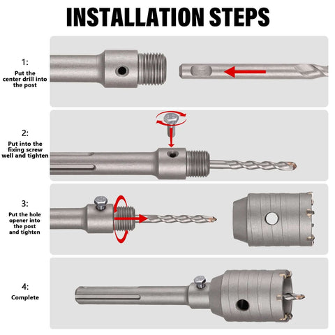 Berserker 2in x 9in SDS Max concrete core drill bit with adapter; installation steps diagram for assembling the tool.