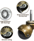Brass Vintage 2 Inch Ball Caster Set Of 4 With 5/16 Inch By 1-1/2 Inch Stem For Furniture Cabinets Sofas And Chairs, close-up view showing construction and ball bearings.