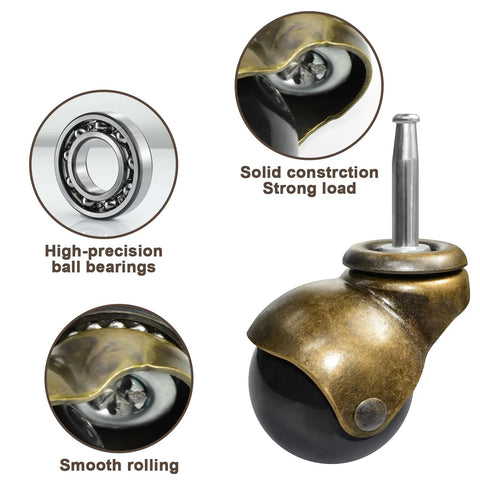 Brass Vintage 2 Inch Ball Caster Set Of 4 With 5/16 Inch By 1-1/2 Inch Stem For Furniture Cabinets Sofas And Chairs, close-up view showing construction and ball bearings.
