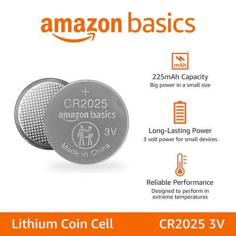 CR2025 3V Lithium Coin Cell Batteries 6 Pack Hella Long Lasting Power For Watches Calculators And Car Remotes Mercury Free With Child Safe Packaging Always Ready, showing two batteries with details.