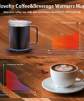 Ditch Lukewarm Sludge With This Smart Usb Heated Coffee Mug Using Precise Temperature Control And Heavy Duty Stainless Steel Build Plus Power Base And Leakproof Lid To Keep Your Daily Grind Piping Hot, showing a USB coffee mug and beverage temperature chart.