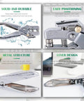Collage of punch plier features for 300 Sets 1/5 Inch Multi Color Metal Eyelets Grommets Kit With Hole Punch Plier And 100 Extra Gold Eyelets