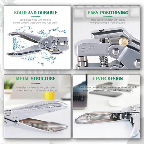 Collage of punch plier features for 300 Sets 1/5 Inch Multi Color Metal Eyelets Grommets Kit With Hole Punch Plier And 100 Extra Gold Eyelets