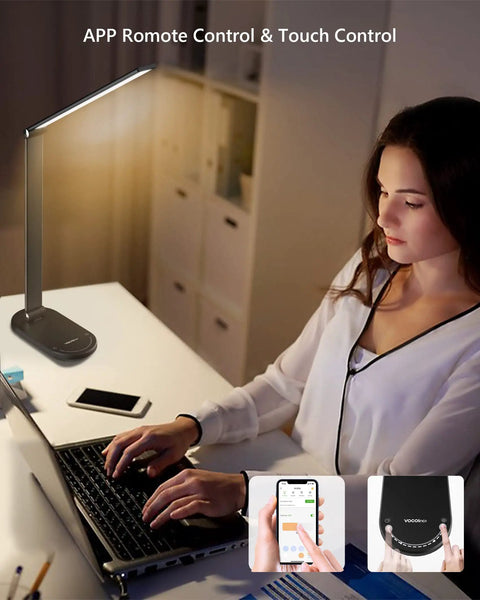 Smart LED Desk Lamp With Eye Caring Light, Stepless Dimming And Timer, in a home office setup with a laptop and phone.