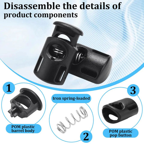 Ten Pack Paracord Cord Locks For Drawstrings Plastic Cord Lock Toggle Spring Stopper Clasp Easy Install Elastic Shoelace Tie Locks For Sweatpants Hoodies Shoes And Bungee Gear Ends Replacement Fits Up To 4.5 mm Rope, black POM plastic barrel body with spring