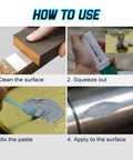 How to use Heavy Duty Metal Repair Glue Epoxy For High Heat Bonding, All Purpose Metal Epoxy Glue 3 Pack With Pusher, Spatula And Syringe, 1 To 1 Mix, Strong Bond, Grips Like A Champ, Quick Cure, Industrial Quality; showing 4 steps: clean, squeeze, mix, apply.