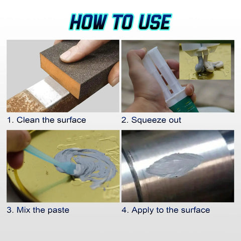How to use Heavy Duty Metal Repair Glue Epoxy For High Heat Bonding, All Purpose Metal Epoxy Glue 3 Pack With Pusher, Spatula And Syringe, 1 To 1 Mix, Strong Bond, Grips Like A Champ, Quick Cure, Industrial Quality; showing 4 steps: clean, squeeze, mix, apply.