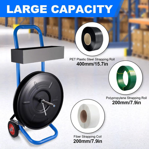 Heavy Duty Strapping Cart Rolling Dispenser Stand For 8 Inch Poly And Steel Coils Smart Mobile Workstation with multiple strapping rolls.