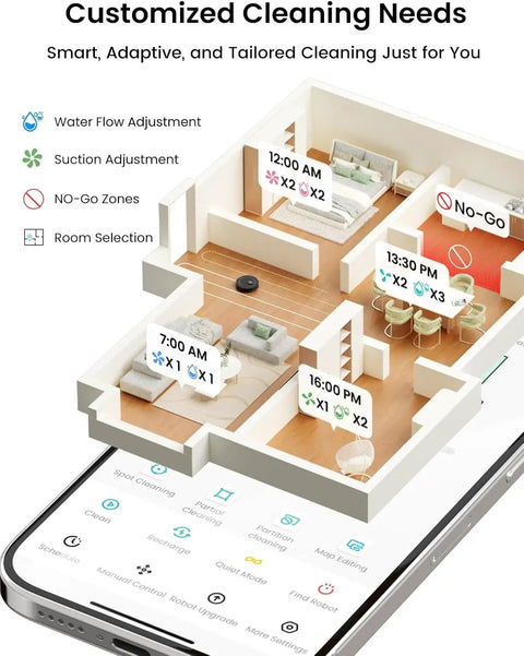 3D floor plan on app showing LiDAR Robot Vacuum And Mop Combo With Auto Self-Empty Dock, 6000Pa Suction, mapping and no-go zones.