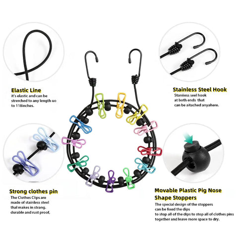 Colorful Retractable Portable Clothesline For Travel And Home Indoor Outdoor Drying With 12 Clips Heavy Duty Pegless Laundry Line