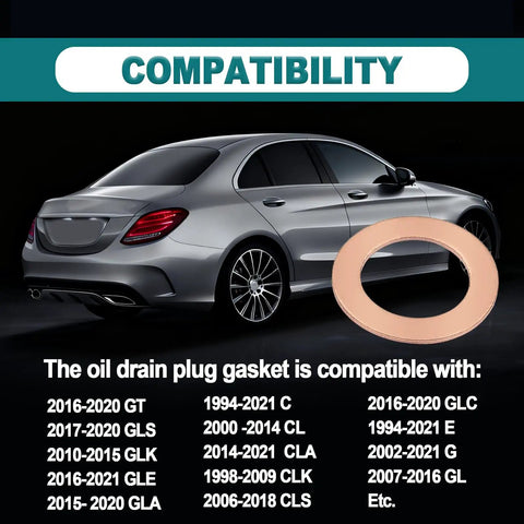 15 Pack Copper Oil Drain Plug Gaskets And Crush Washers For 14mm Fittings with compatibility list and car silhouette.