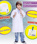 Boy wearing Kids Science Experiment Kit with Hands On Lab Coat Dress Up Costume, holding magnifying glass, smiling.