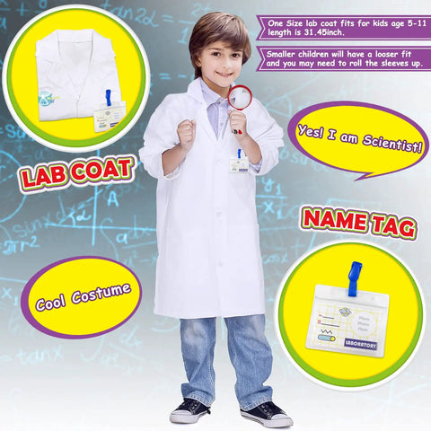 Boy wearing Kids Science Experiment Kit with Hands On Lab Coat Dress Up Costume, holding magnifying glass, smiling.