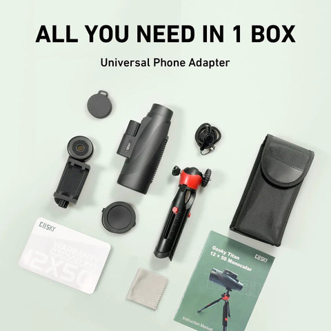 15x52 HD Monocular With Tripod For Hunting, Bird Watching, Hiking, And Travel, showing components and packaging