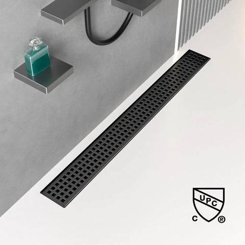 28 Inch Linear Shower Drain In Matte Black With Rectangular Floor Design, Removable Square Hole Cover And Hair Catcher, 304 Stainless Steel CUPC Certified, Long Shower Drain For Modern Bathrooms