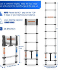 8.5 Foot Aluminum Telescoping Ladder With One Button Retraction, shown compact and fully extended, highlighting 330 lb capacity