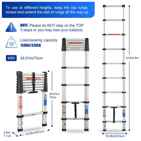 8.5 Foot Aluminum Telescoping Ladder With One Button Retraction, shown compact and fully extended, highlighting 330 lb capacity