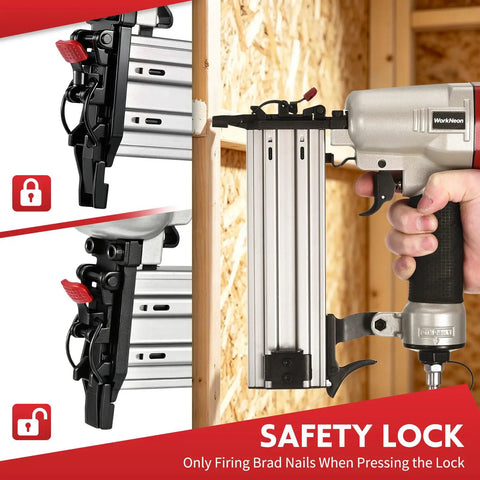 Close-up of Professional Pneumatic Brad Nailer 18 Gauge Air Powered Nail Gun For Woodworking Trim Assembly showing safety lock feature.