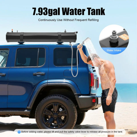 7.93 Gallon Pressurized Water Tank For Roof Rack SUVs RVs Trucks And Jeeps Portable Durable Water Storage with shower in use